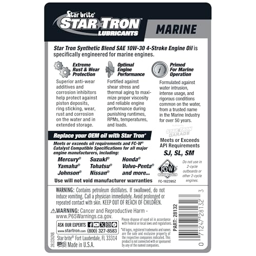 Star Tron Premium 4 Stroke Marine Oil - 10W-30 - Synthetic Blend Engine Oil for Outboards, Stern Drives & Gasoline Inboards - NMMA FC-W Certified, 32 OZ (028132)