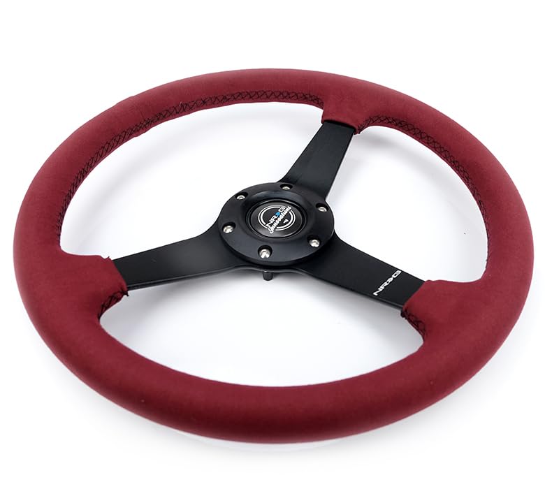 NRG Innovations 350mm NRG-RST-037MB-BUA Sort Steering Wheel (1.5' deep) Burgundy Micro Suede with Black stitching - Matte Black Solid Spokes