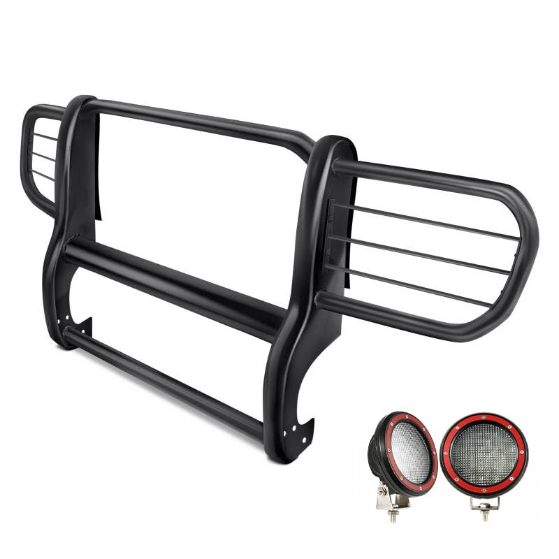 Bumper Guard Black Horse Grille Brush Modular Black Come with Pair of 5.3" Dia.LED Lights with Red Trim Rings Compatible with 2002-2007 Jeep Liberty-17EH26MA-PLFR