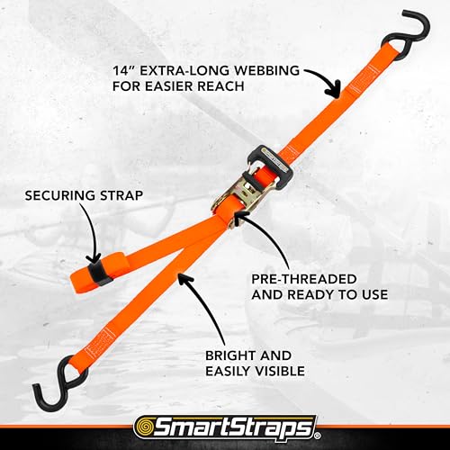 10-Foot SMARTSTRAPS Ratchet Straps (4pk) – 3,000 lbs Break Strength – 1,000 lbs Safe Work Load Haul Heavier Loads Like Motorcycles, Boats and Large Appliances – Heavy-Duty Padded Tie-Downs, ORANGE (149)