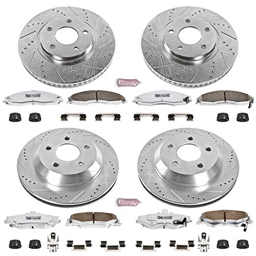 Brake Kit Power Stop For 1998-2002 Chevy Camaro Pontiac Firebird - Front and Rear Z26 Carbon Fiber Brake Pads with Drilled and Slotted Brake Rotors Replacement, K1548-26