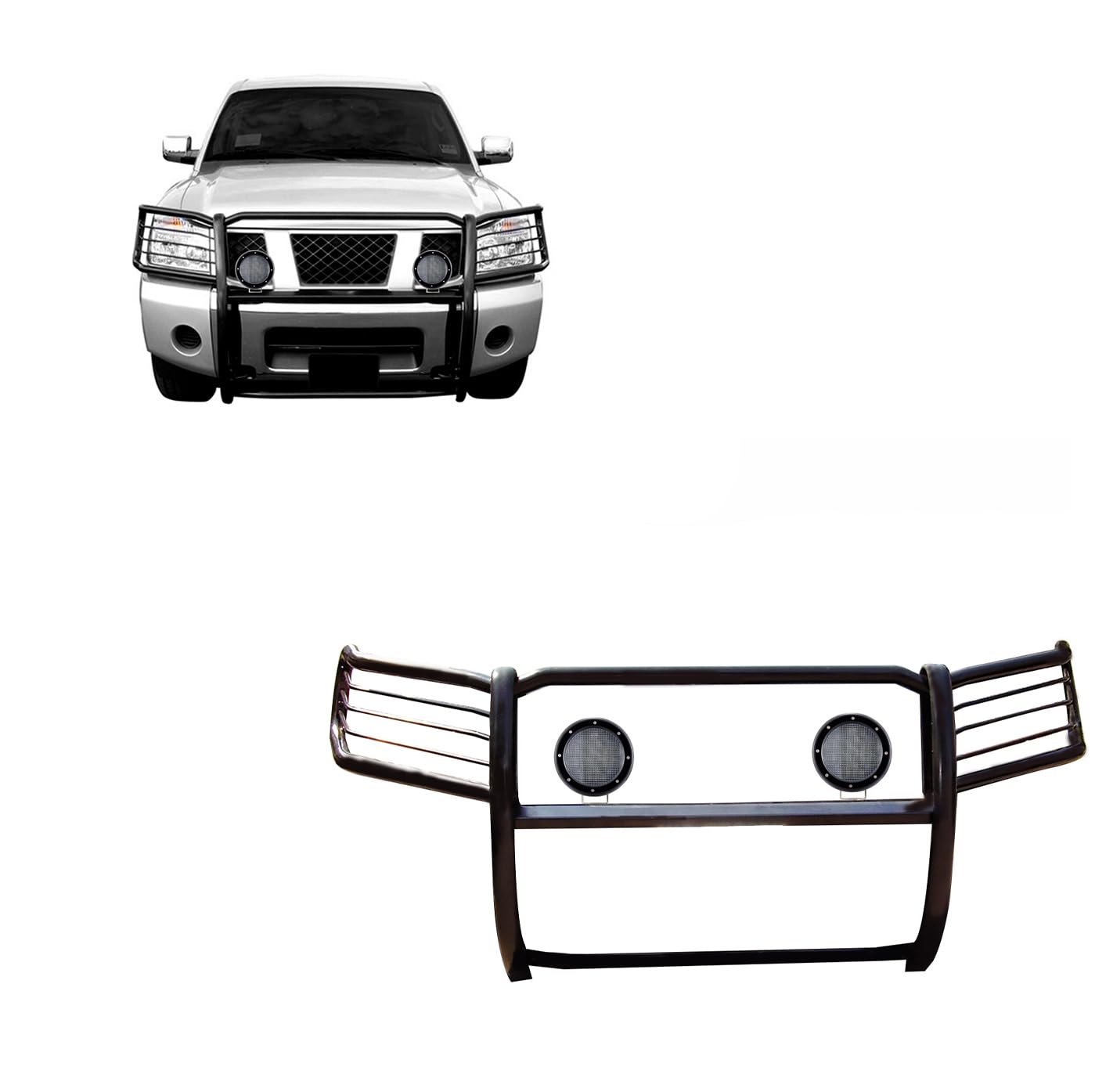 Bumper Guard Black Horse Grille Brush Modular Black Come with Pair of 5.3" LED Lights with Black Trim Rings Compatible with 2005-2015 Armada|2004-2015 Titan Crew Cab & King Cab-17NR26MA-PLFB