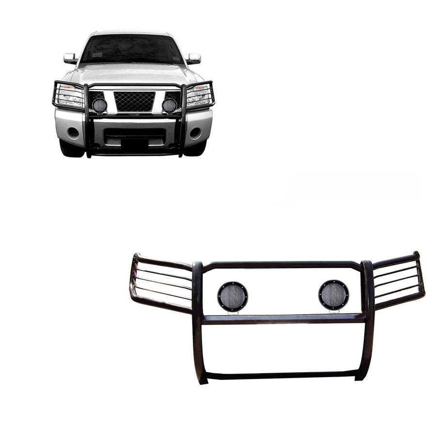 Bumper Guard Black Horse Grille Brush Modular Black Come with Pair of 5.3" LED Lights with Black Trim Rings Compatible with 2005-2015 Armada|2004-2015 Titan Crew Cab & King Cab-17NR26MA-PLFB