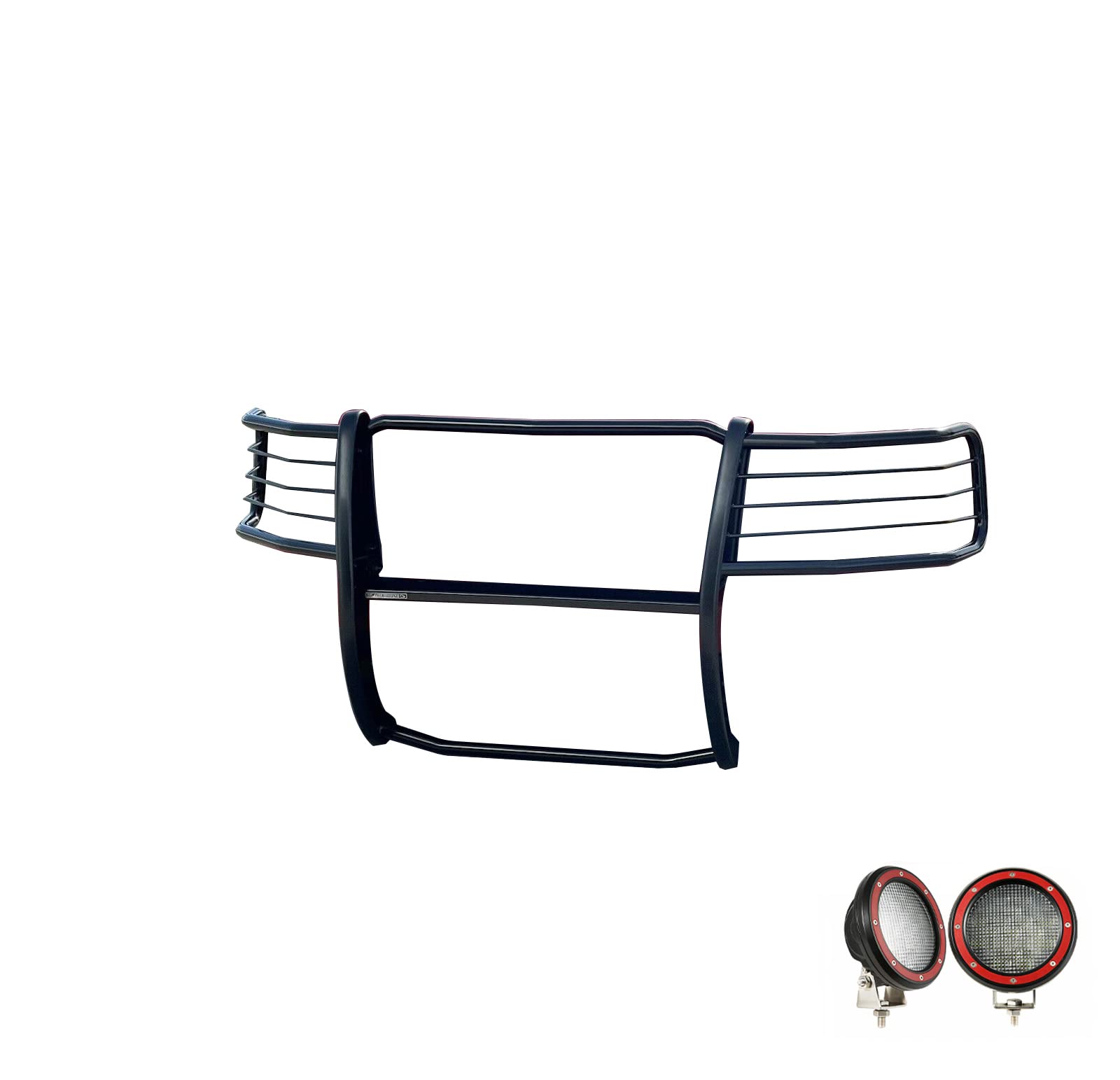 Bumper Guard Black Horse Grille brush Modular Come With Pair of 5.3" Dia.LED Lights with Red Trim Rings Compatible with 2019-2024 Ram 2500|2019-2024 Ram 3500-17DG113MA-PLFR