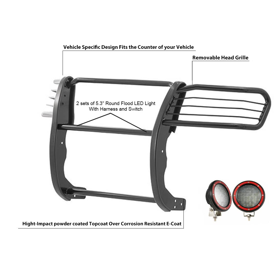Grille Brush Black Horse Bumper Guard Modular Come with Pair of 5.3" Dia.LED Lights with Red Trim Rings Compatible with 1997-2003 Infiniti QX4|1996-2004 Nissan Pathfinder-17NE23MA-PLFR
