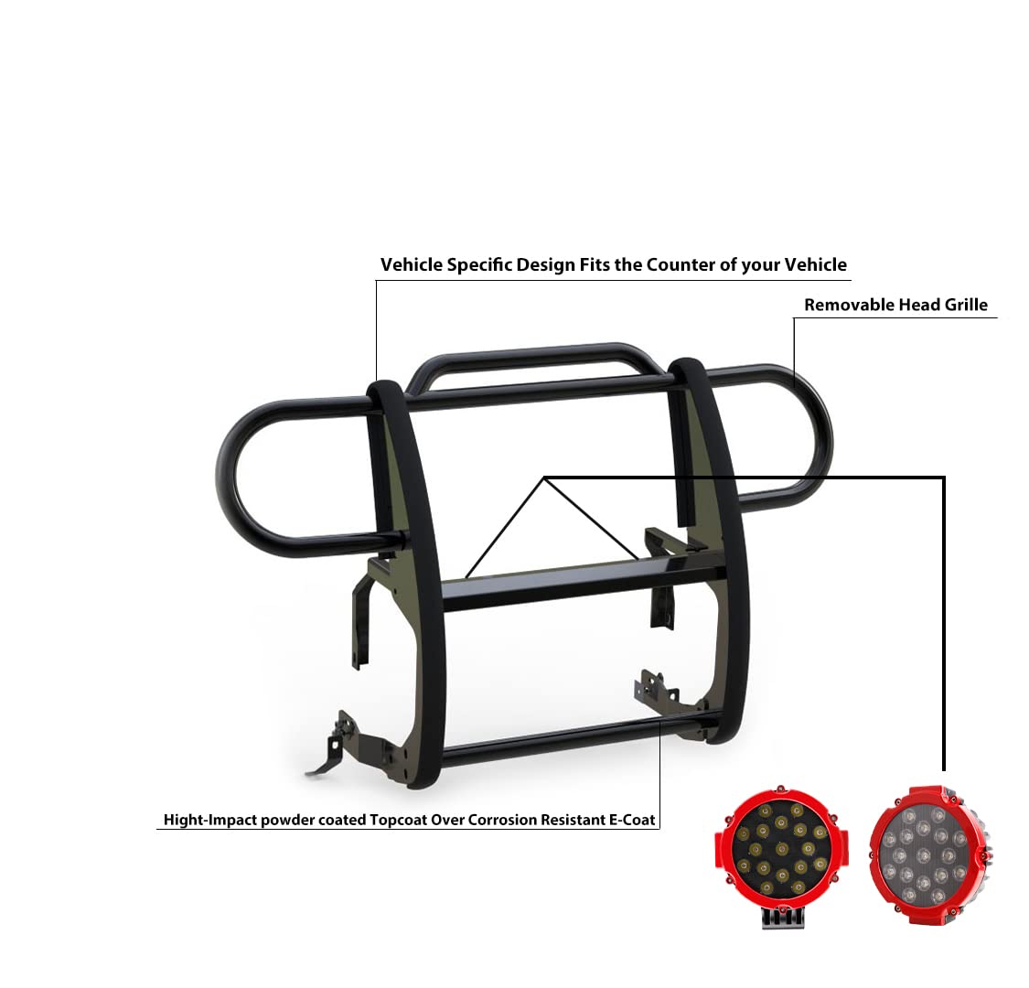 Bumper Guard Modular Black Black Horse Grille brush Come With pair of 7.0"Dia.LED Lights with Red Trim Rings Compatible with 2020-2024 Jeep Gladiator|2018-2024 Jeep Wrangler-17JPJLMA-PLR