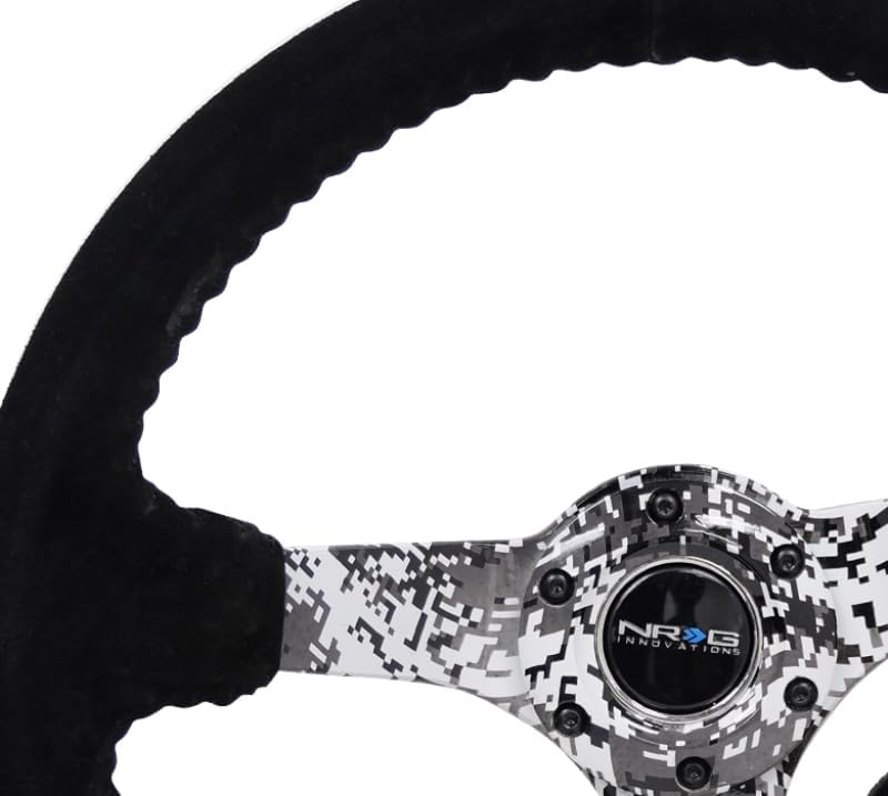 NRG Innovations Reinforced Steering Wheel NRG-RST-036DC-R Hydro Dipped Digital Camo 3" Deep, 5mm Spoke, 350mm Sport Steering Wheel Black Suede With Black Baseball Stitching