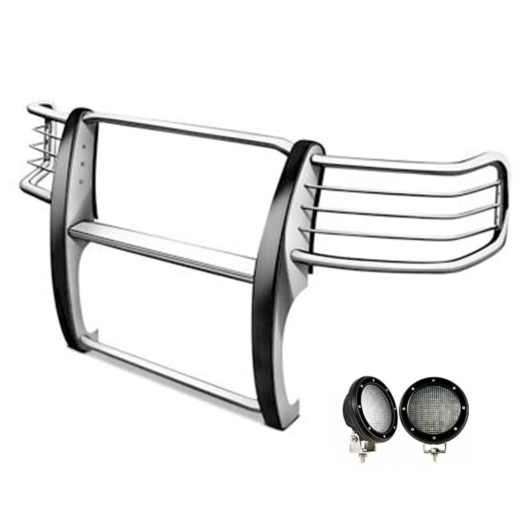Bumper Guard Black Horse Grille Brush Modular Stainless Steel Come with Pair of 5.3" Dia.LED Lights with Black Trim Rings Compatible with 2006-2018 Toyota RAV4-17A093902MSS-PLFB