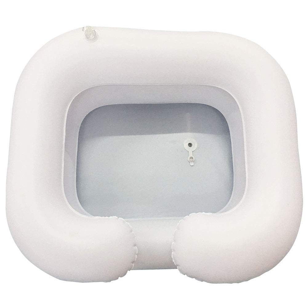 portable inflatable hair washer, inflatable shampoo basin with drain tube, bedside shower system for washing hair in bed, elderly, injured and handicapped