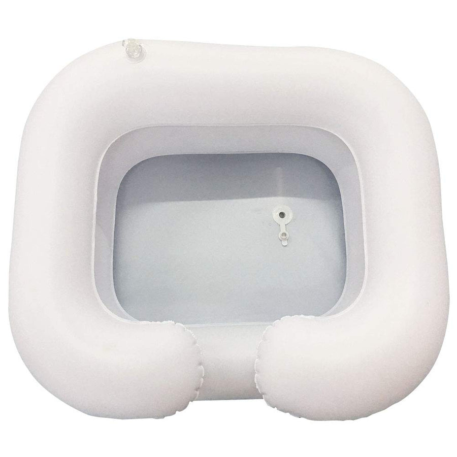 portable inflatable hair washer, inflatable shampoo basin with drain tube, bedside shower system for washing hair in bed, elderly, injured and handicapped