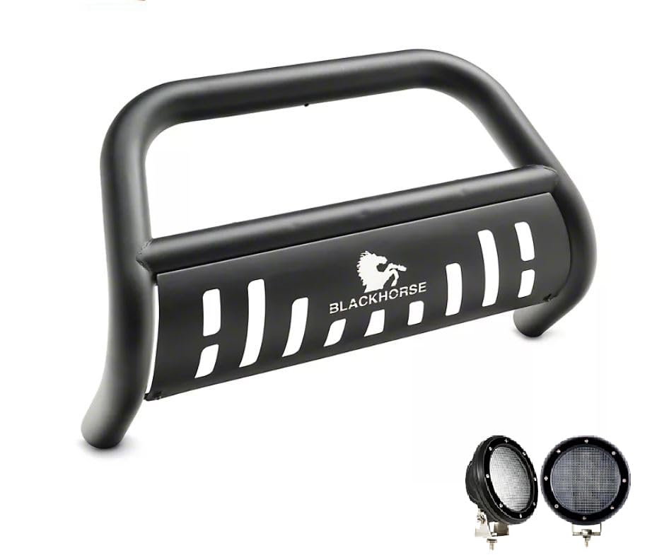 Bull Bar Black Horse Skid Plate Come with Pair of 5.3" Dia. LED Flood Lights with Black Trim Rings Compatible with 2004-2011 Mitsubishi Endeavor-CBB-MIB8001SP-PLFB