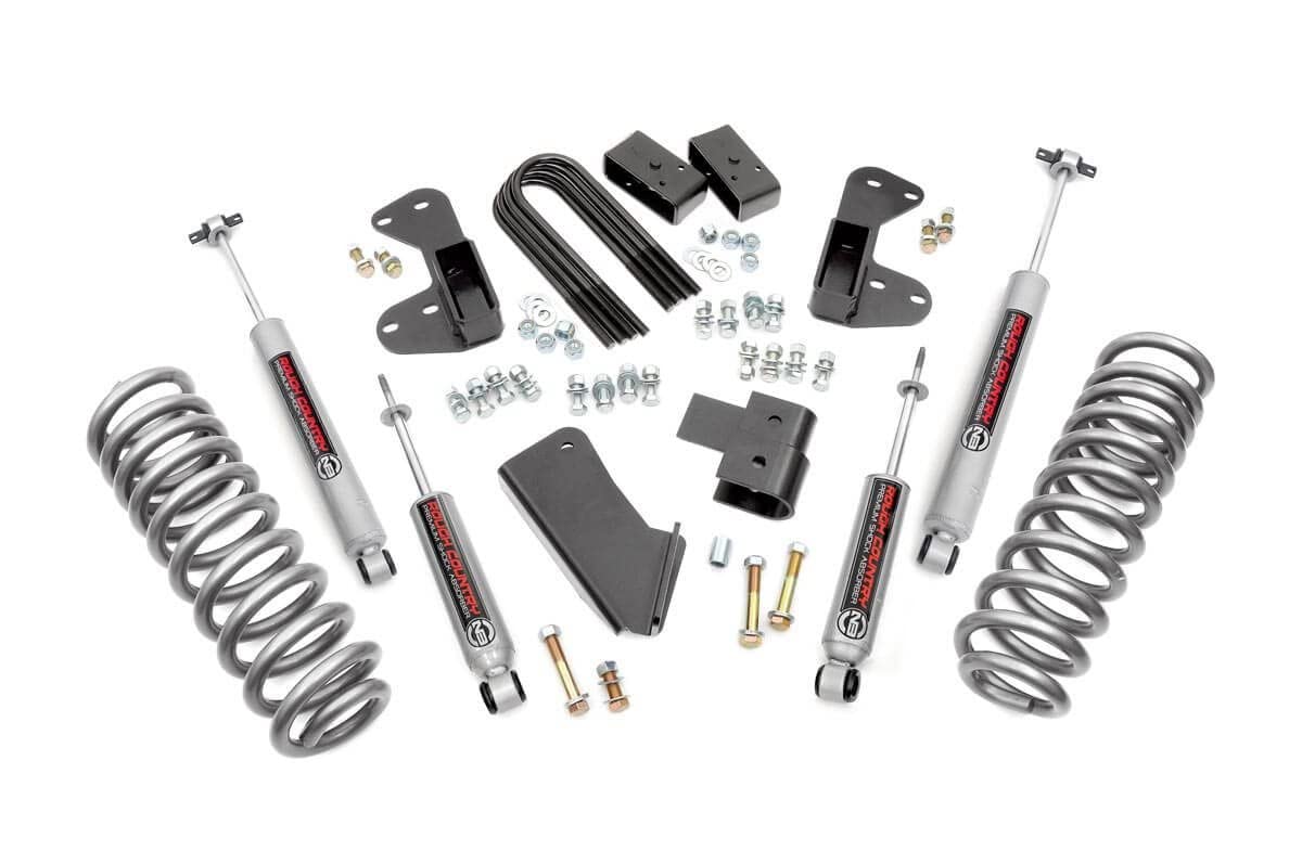 Rough Country 2.5" Suspension Lift Kit for 4WD Ford F-150 (1980-1996) with Rear Lift Blocks - Front & Rear N3 Shocks, Lifted Coil Springs & Blocks