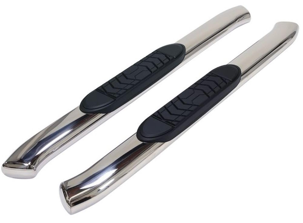 Truck Running Boards TrailFX A7071S Fits Chevrolet Silverado1500 Standard Cab 2007-2018 Oval 5 Inch Bent Side Bars with Step Pads, Polished Stainless Steel Rocker Panel Mount Set of 2