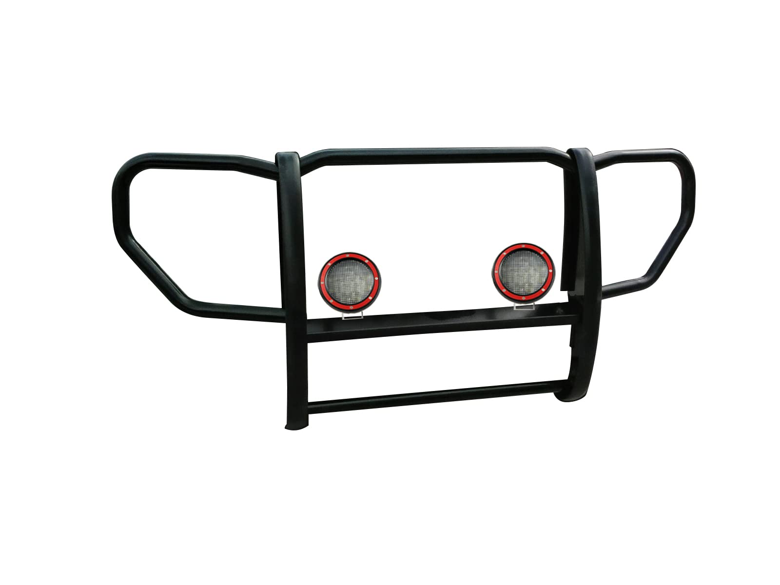 Grille Brush Black Horse Bumper Guard 1-Piece Black Come with Pair of 5.3" Dia.LED Lights with Red Trim Rings Compatible with 2008-2012 Jeep Liberty-17A086400A-PLFR