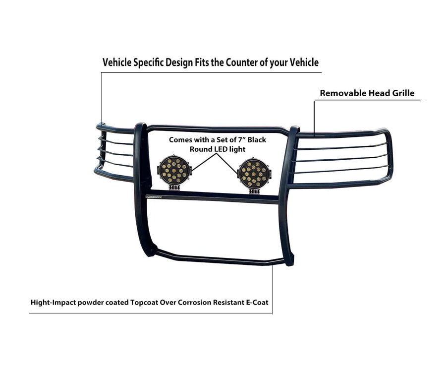 Bumper Guard Modular Black Black Horse Grille brush Come With pair of 7.0"LED Light with Trim Rings Compatible with 2007-2013 Avalanche|2007-2014 Suburban 1500|2007-2014 Tahoe-17A037400MA-PLB