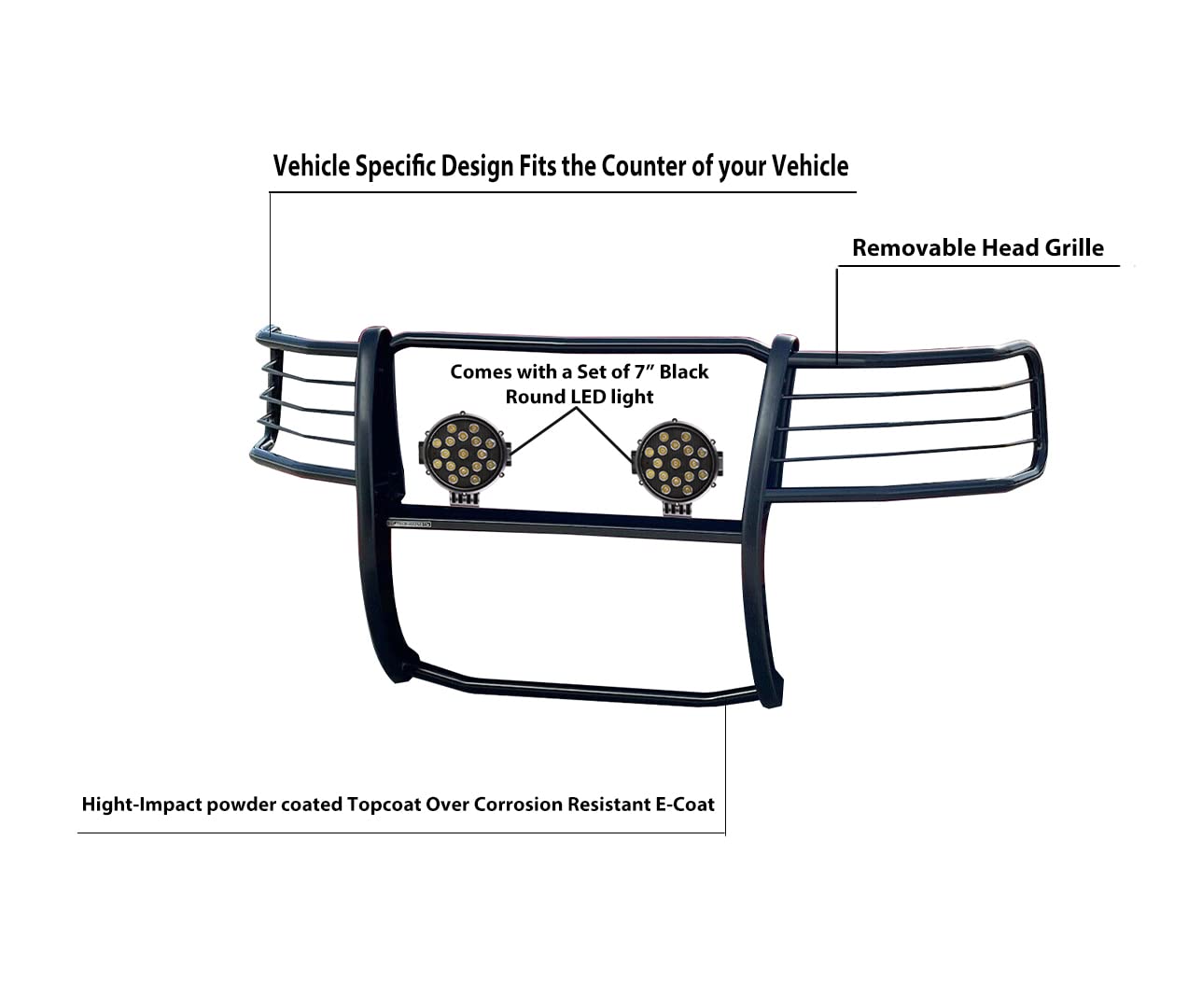 Bumper Guard Black Horse Grille Brush Modular Black Come with Pair of 7.0" Dia.LED Lights with Black Trim Rings Compatible with 2004-2008 Ford F-150-17FP28MA-PLB