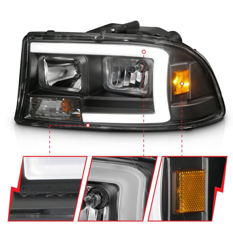 97-04 Dodge Dakota/Durango ANZO Crystal Headlight Set w/Light Bar Black Housing