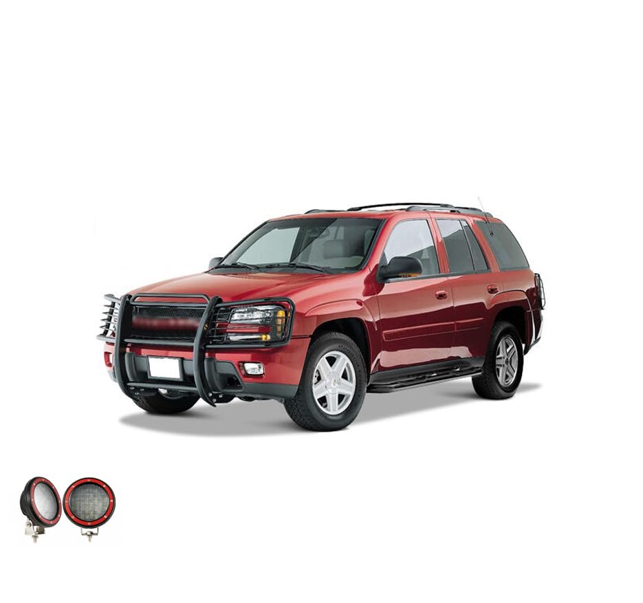 Black Horse Grille Brush Bumper Guard Black Modular Come with Pair of 5.3" Dia.LED Lights with Red Trim Rings Compatible with 2002-2009 Chevy Trailblazer|2002-2006 Chevy Trailblazer EXT-17GK26MA-PLFR