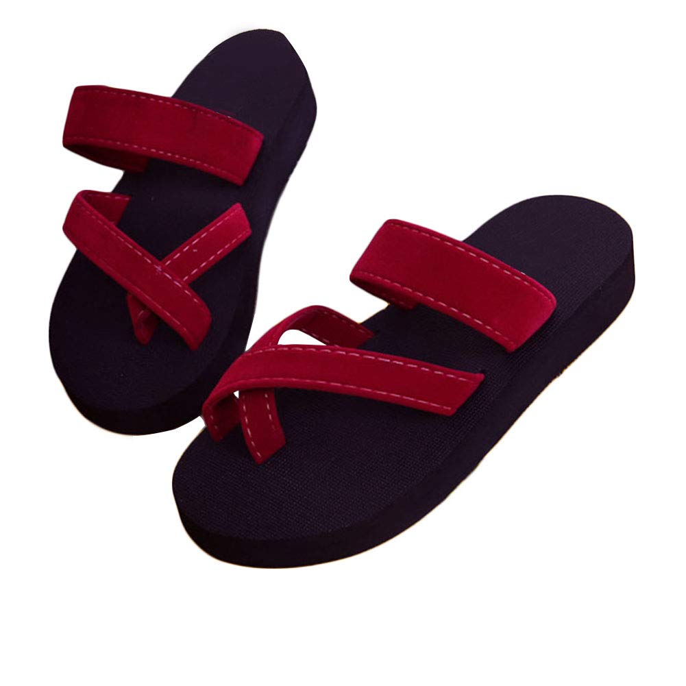 Women New Solid Shoes Sandal Flip Flops Wedge Sandals Platform Beach Slippers asual Shoes Zapatillas hinelo(38Red)