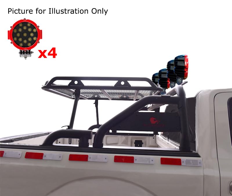 Warrior Black Horse Roll Bar Incl. Pair of 7.0" Dia.LED Lights Compatible with 1/2 TON Trucks (GM Silverado 14+/Ford F150 15+/Dodge RAM 15+) with Full Size Cargo Basket(with RED Brake Light)
