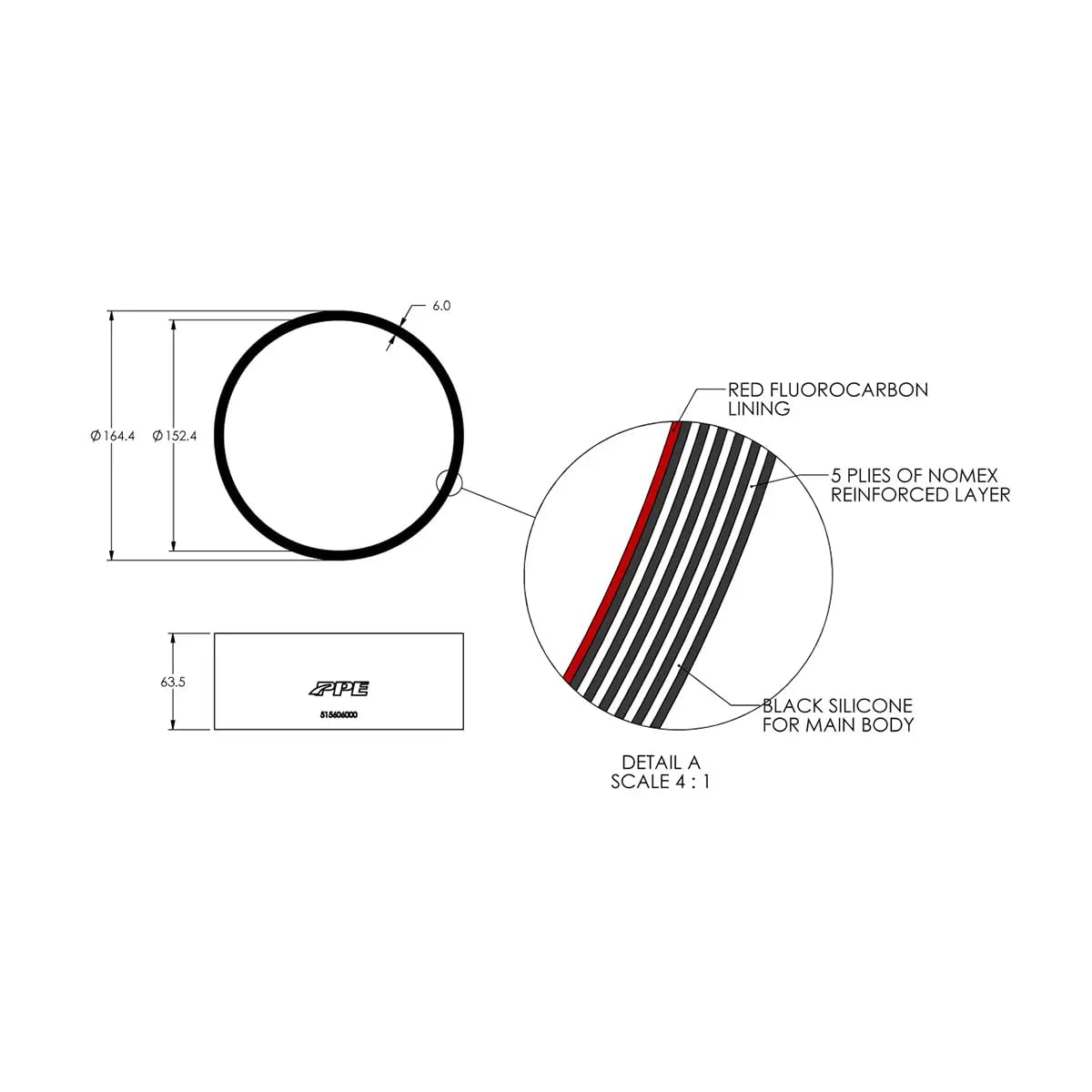 6.0" ID PPE x 2.5" L 5mm 4-ply Performance Silicone for Custom Applications 515606000