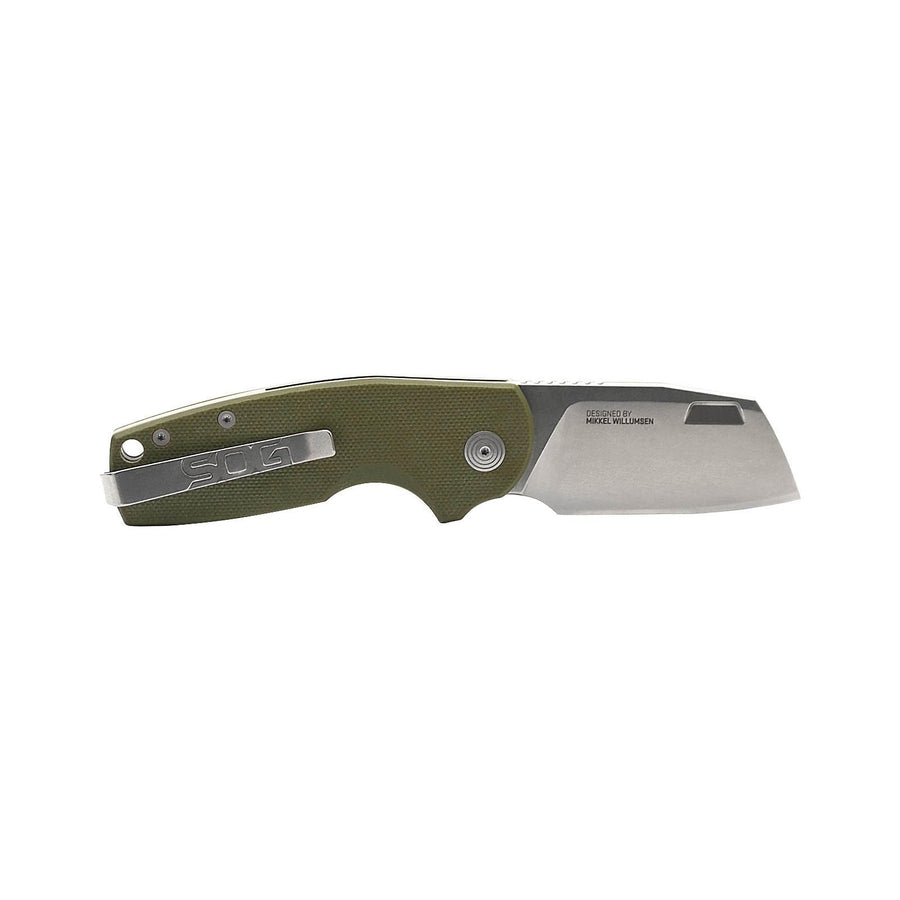 SOG FLK Stout Cleaver Daily Carry Folding Knife | G10 & Steel Handle | CRYO D2 Steel Blade| Short-Blade Frame Lock Folder, OD Green/Stonewash