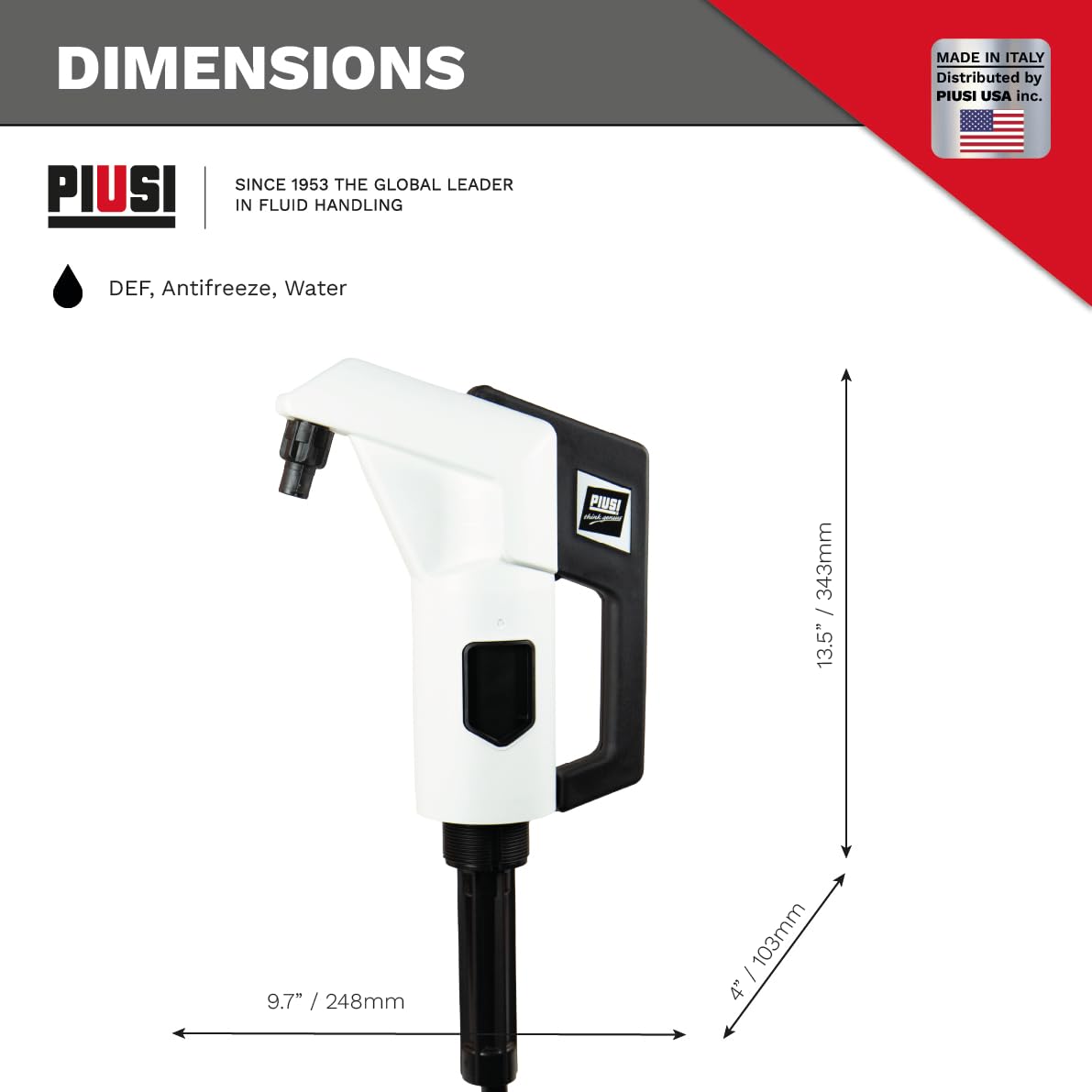 Piusi DEF Piston Hand Pump Suzzarablue Drum Dispensing Pump with Suction Adapter Technopolymer Construction ISO 22241 Compliant for Diesel Exhaust Fluid