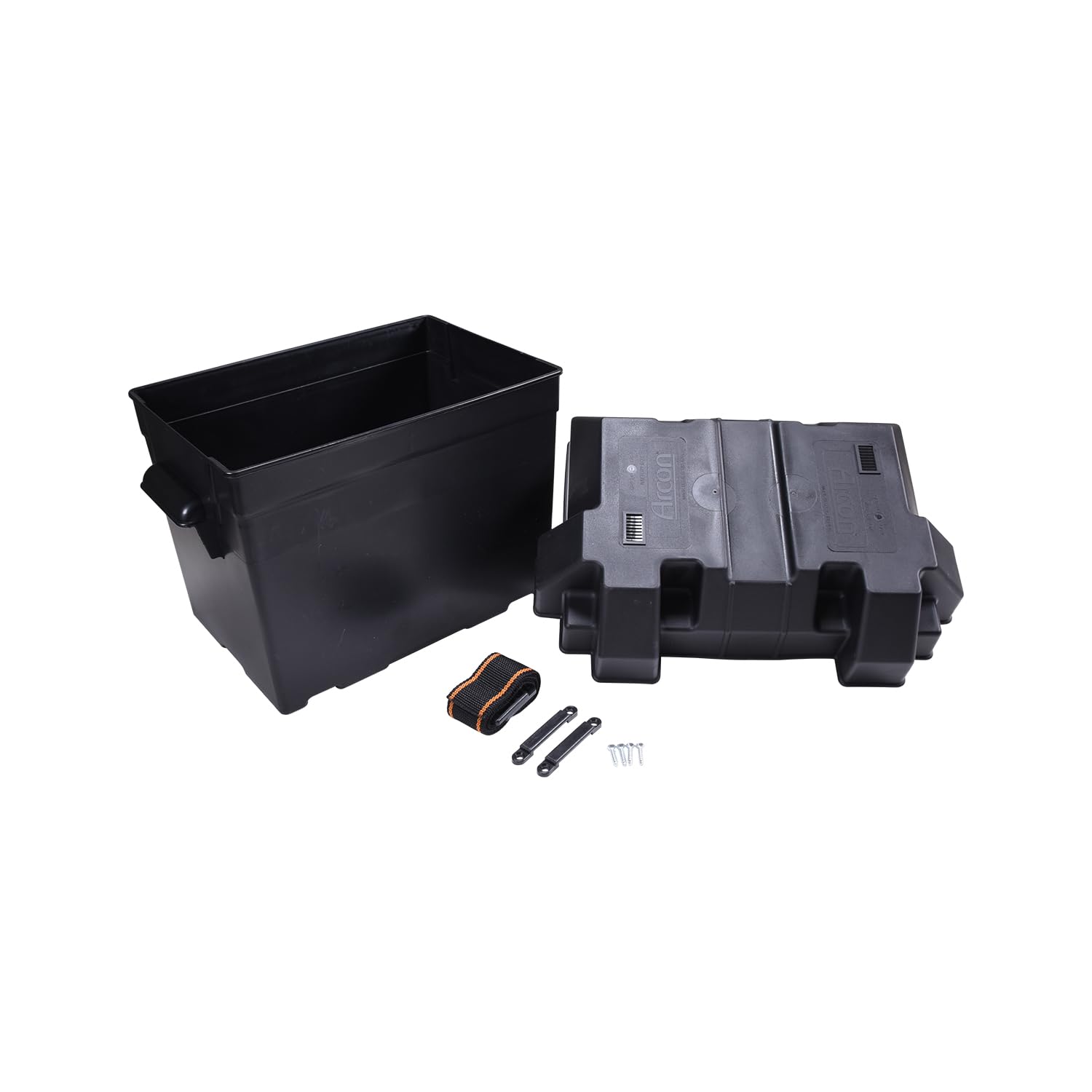 Arcon 13034 Battery Container, Fits Group 24 Batteries, Strap Style Box, Black, Polypropylene, Vented, with Box/Lid/Strap/Mounting Brackets/Stainless Screws