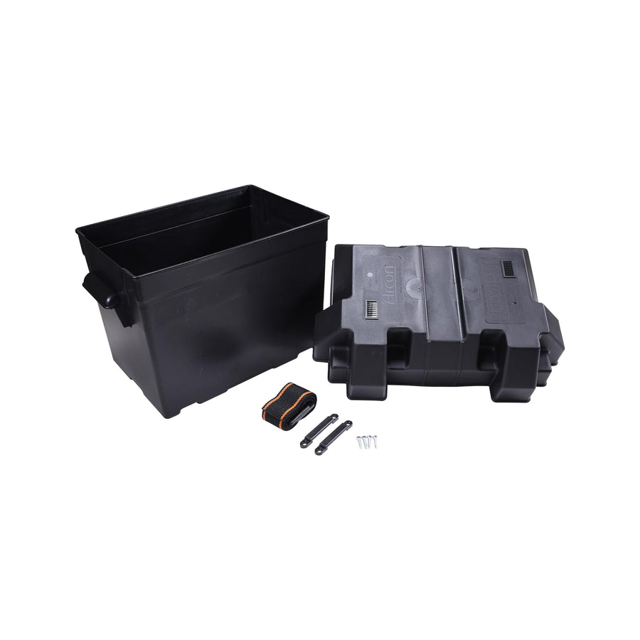 Arcon 13034 Battery Container, Fits Group 24 Batteries, Strap Style Box, Black, Polypropylene, Vented, with Box/Lid/Strap/Mounting Brackets/Stainless Screws