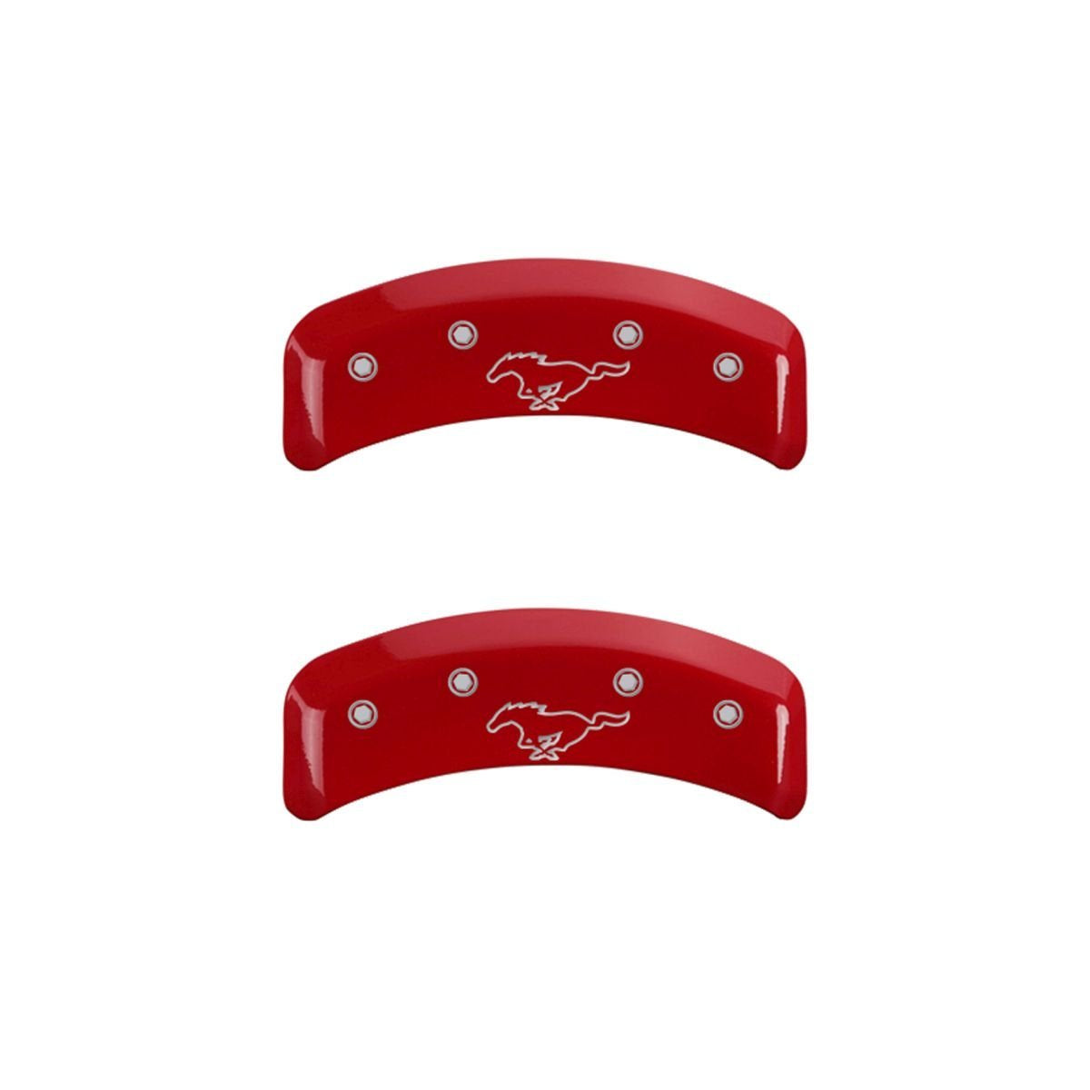 SET OF 4 CALIPER COVERS, REAR: PONY, FRONT: MUSTANG, RED, SILVER CHARACTERS