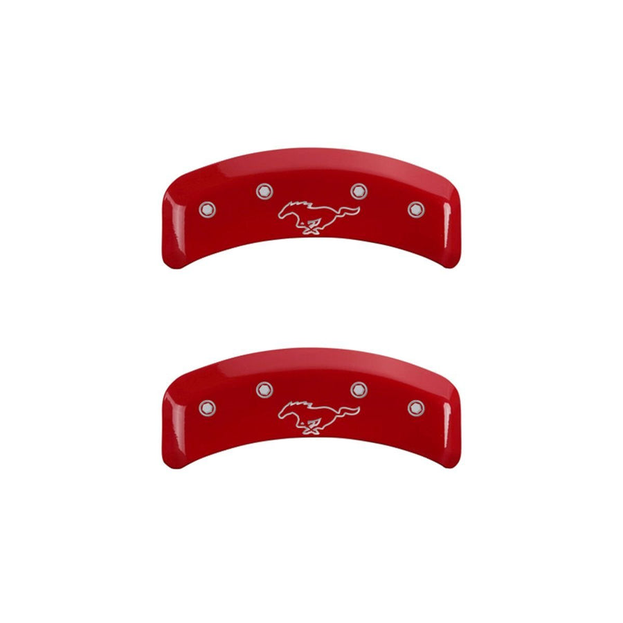 SET OF 4 CALIPER COVERS, REAR: PONY, FRONT: MUSTANG, RED, SILVER CHARACTERS