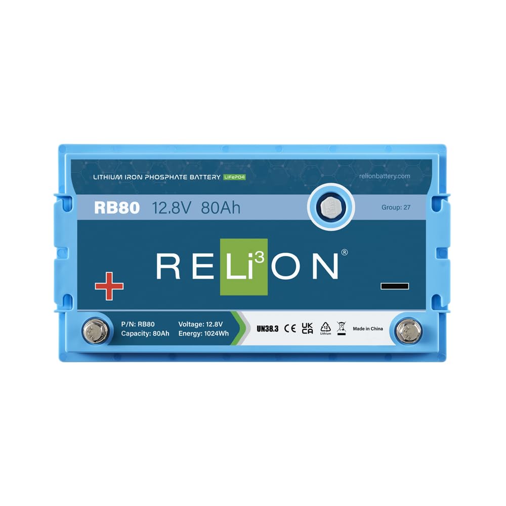 12V RELiON RB80 | 80Ah | LiFePO4 Lithium-ion Battery | Group 27 | 3500~5000 Cycles | Waterproof (IP67 Rating) | 10 Year Warranty | Perfect for Boat, Kayak, Trolling Motor, RV, Solar, Off Grid etc.