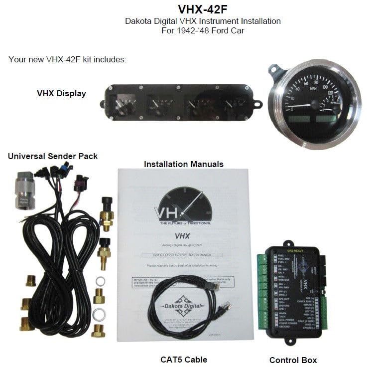 Dakota Digital VHX-42F-K-B Gauge System Analog Dash Compatible with Ford 1942-48 Car Black Blue Backlighting