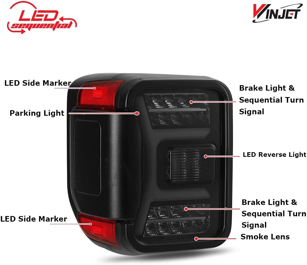 LED Tail Lights Assembly Winjet Fit For 2019 2020 2021 2022 2023 2024 2025 2026 Jeep Gladiator JT, Full Led Functional Rear Lamp Replacement w/Sequential Turn Signal (Black Housing Smoke Lens)