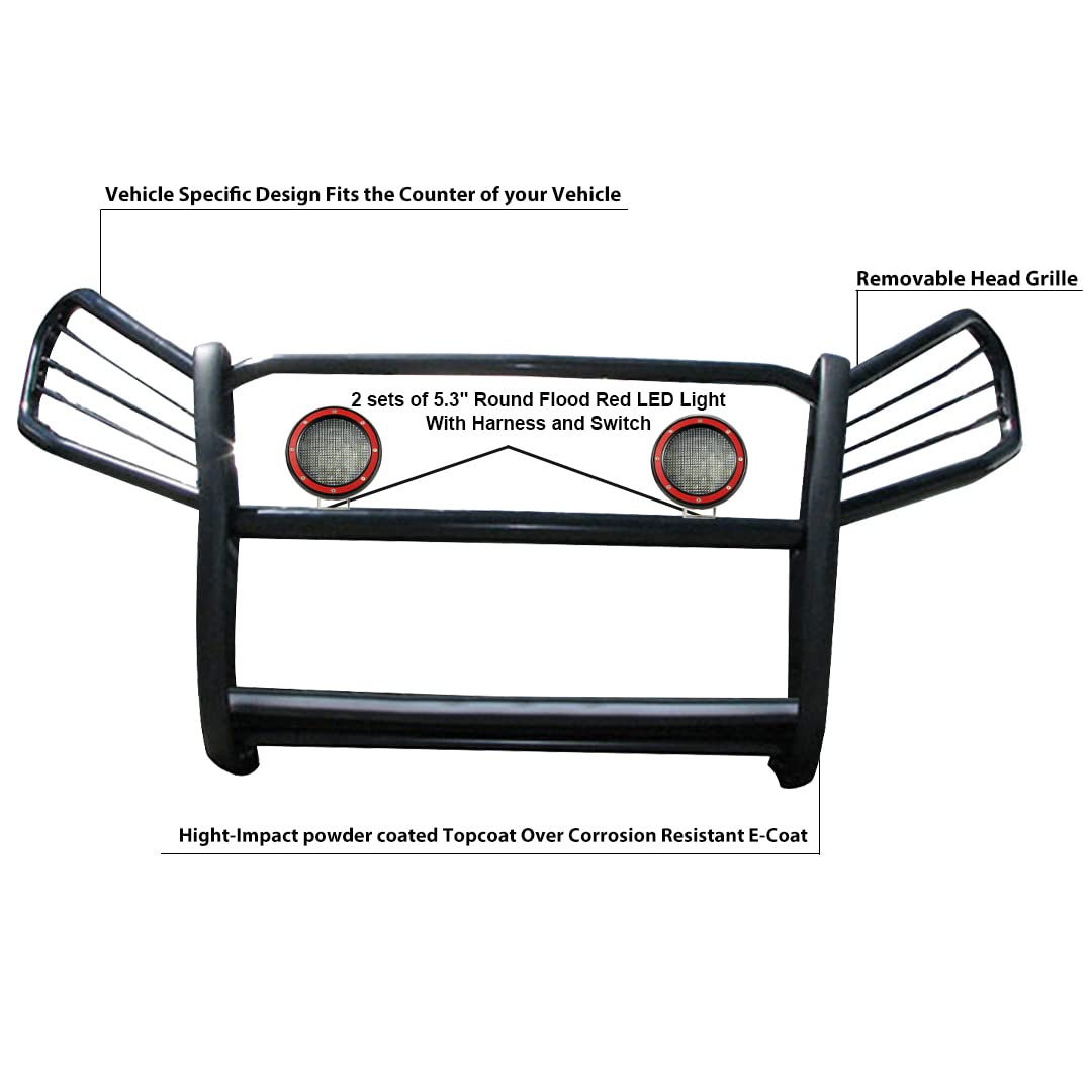 Bumper Guard Black Horse Grille Brush Modular Black Come with Pair of 5.3" Dia.LED Lights with Red Trim Rings Compatible with 2006-2018 Toyota RAV4-17A093902MA-PLFR