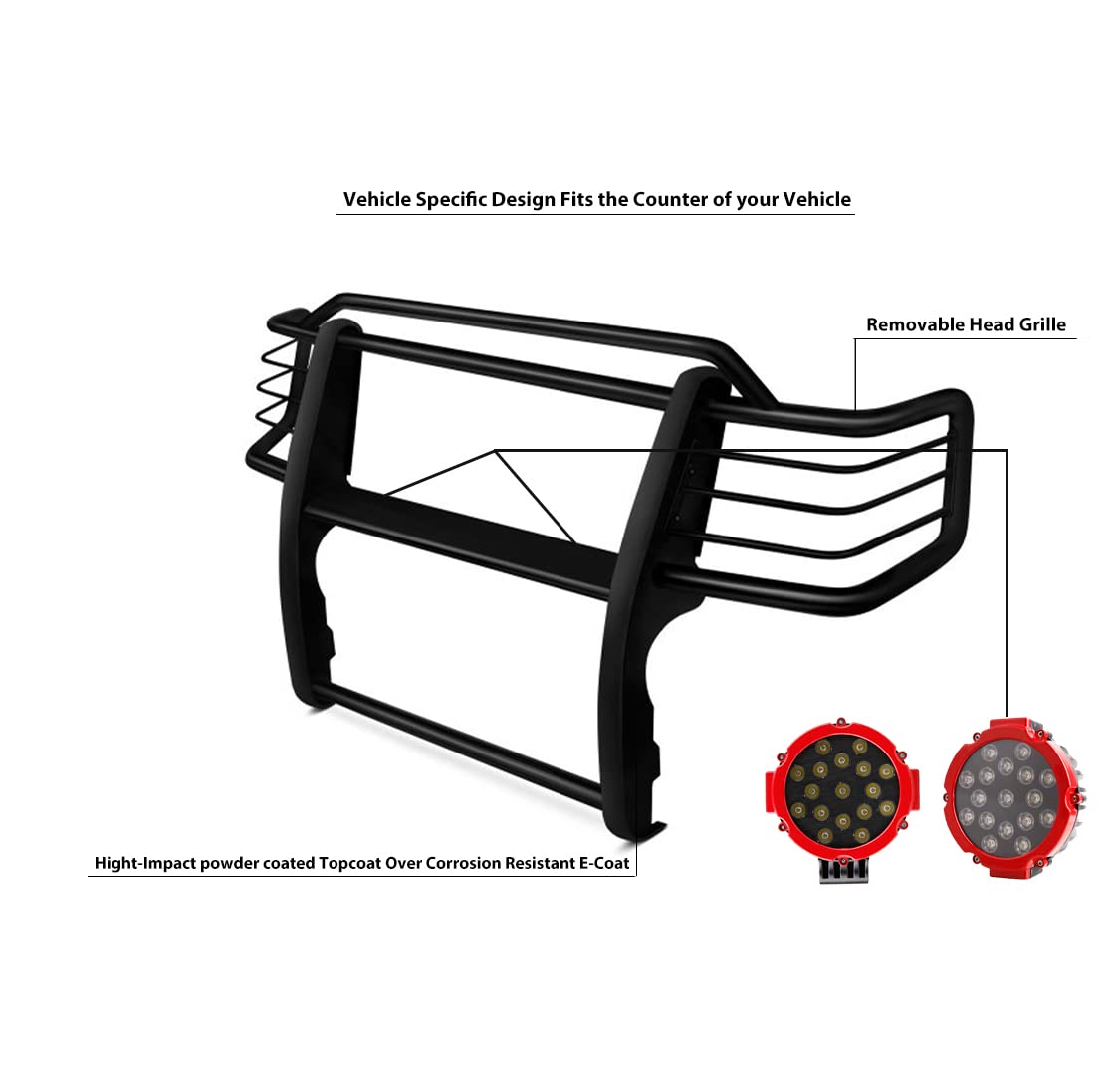 Black Horse Grille Brush Bumper Guard Black Modular Come with Pair of 7.0" Dia.LED Lights with Red Trim Rings Compatible with 1999-2002 Toyota 4Runner-17TN23MA-PLR
