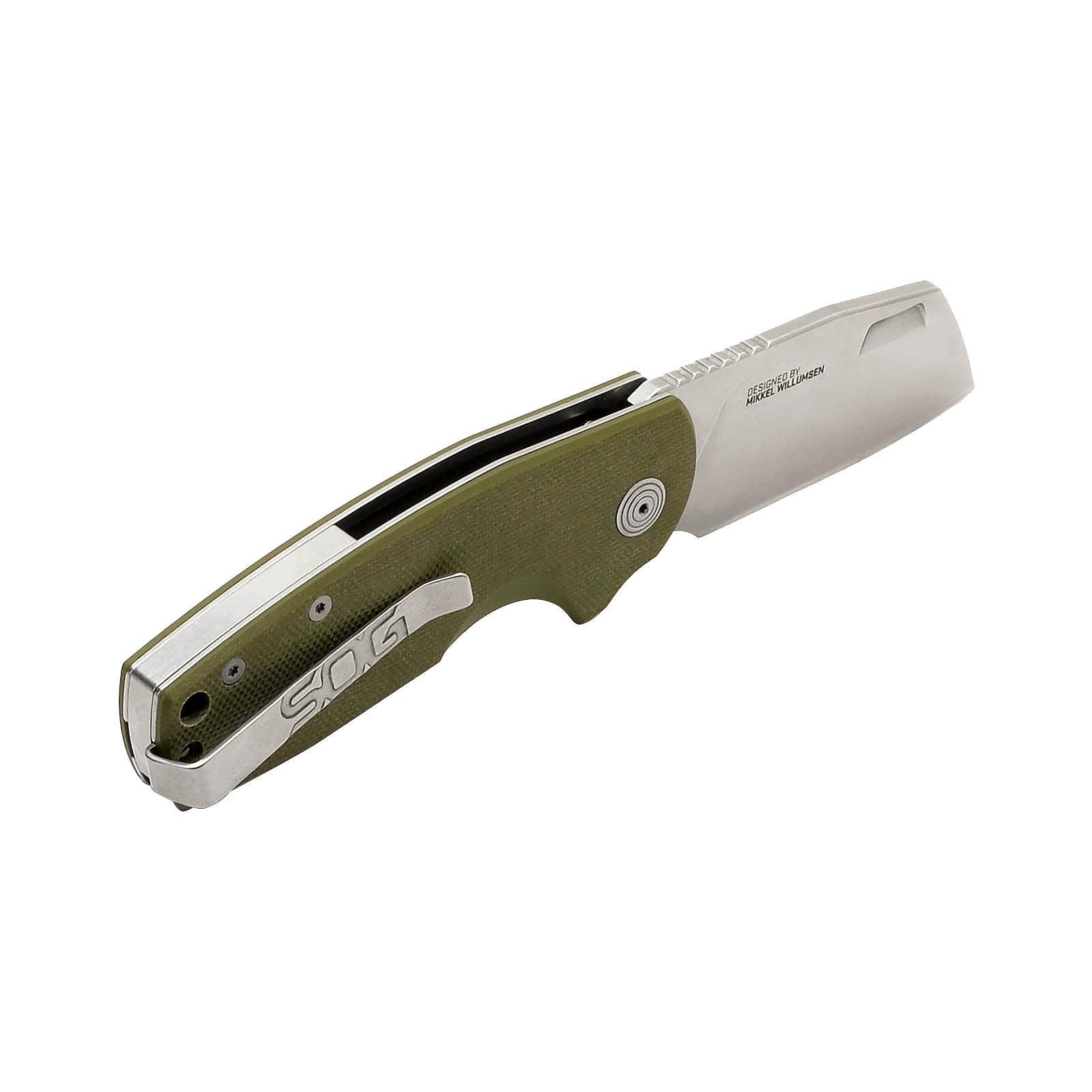 SOG FLK Stout Cleaver Daily Carry Folding Knife | G10 & Steel Handle | CRYO D2 Steel Blade| Short-Blade Frame Lock Folder, OD Green/Stonewash