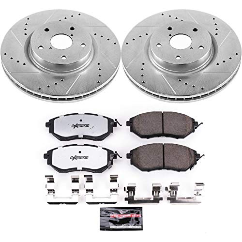 Power Stop K4603-26 Z26 Carbon Fiber Brake Pads Front with Drilled and Slotted Brake Rotors Kit For Subaru Legacy Outback Tribeca WRX