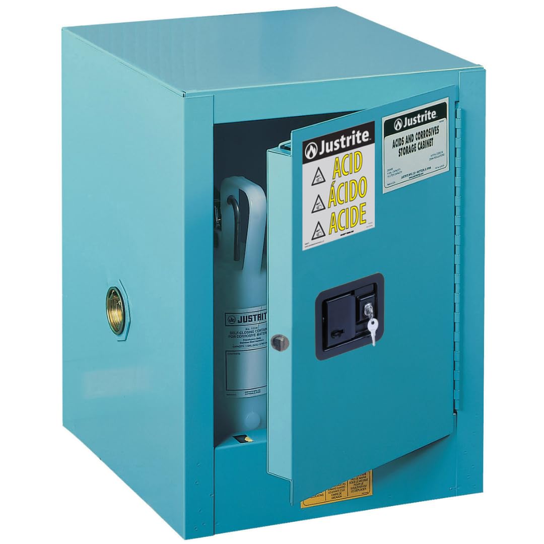 Justrite Storage Cabinet Acid Corrosive - 4 Gallon 1 Door Self Close Chemical Cabinet with ChemCor® Coating - 17" x 22" x 17" - Made in The USA - Light Blue - 8904222