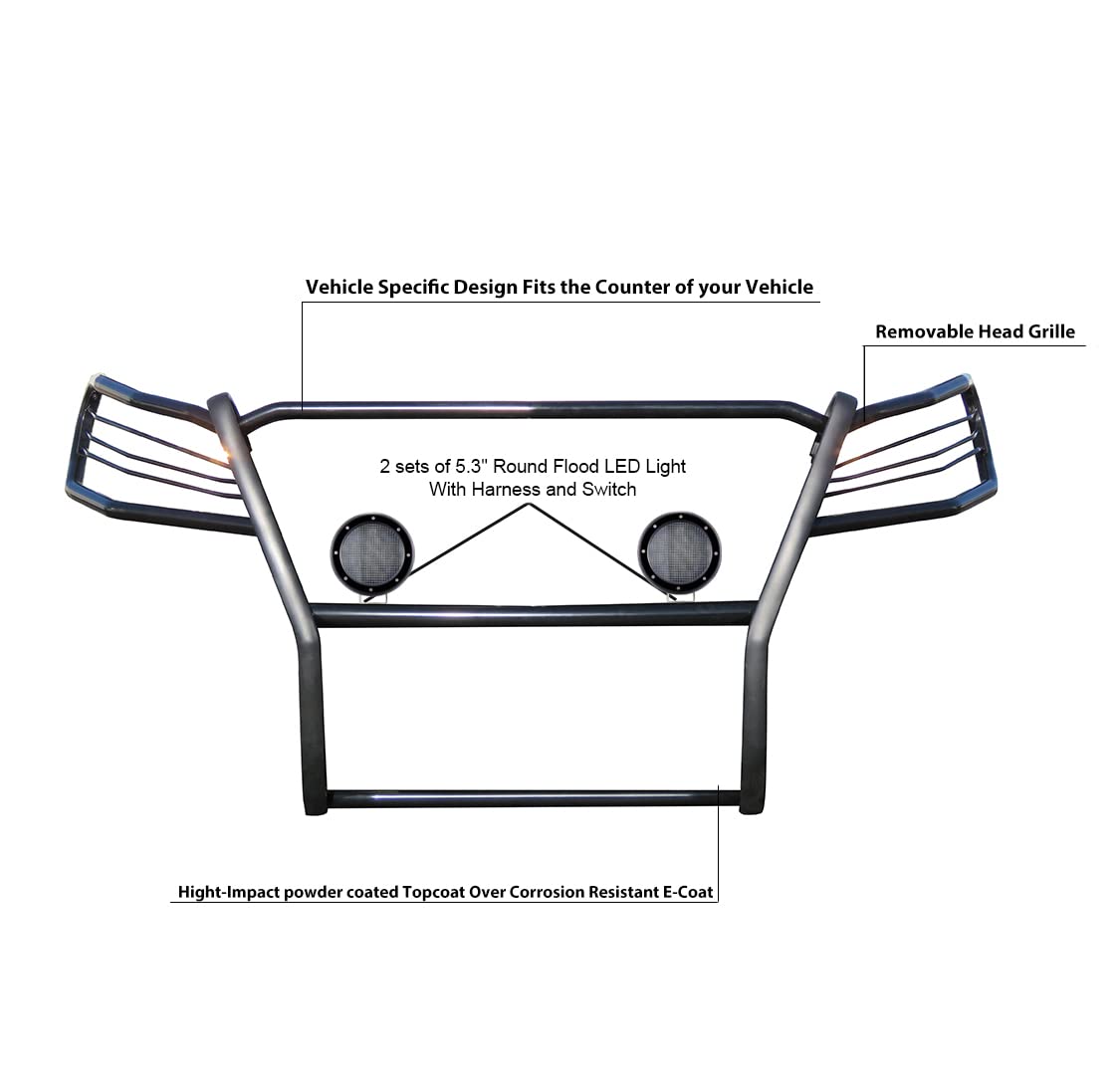 Bumper Guard Black Horse Grille Brush Modular Black Come with Pair of 5.3" Dia.LED Lights with Black Trim Rings Compatible with 2019-2023 Ford Ranger-17FP10MA-PLFB