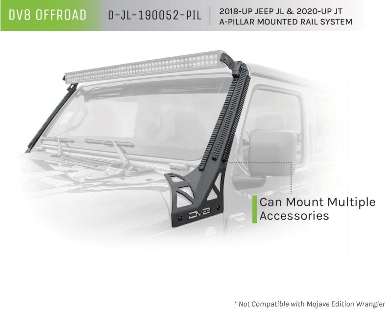 D-JL-190052-PIL | DV8 Offroad A-Pillar Mount for 18-25 Wrangler JL & 20-25 Gladiator JT | PIC Rail Accessory System | Includes Light Bar Attachment | Multiple Mounting Positions Along Slotted Rail