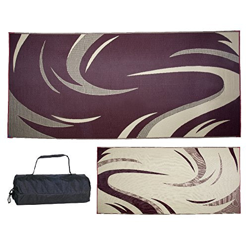 Camping Stylish SD8185 8-Feet x 18-Feet Graphic Swish Outdoor RV Reversible Patio Mat, Burgundy/Tan