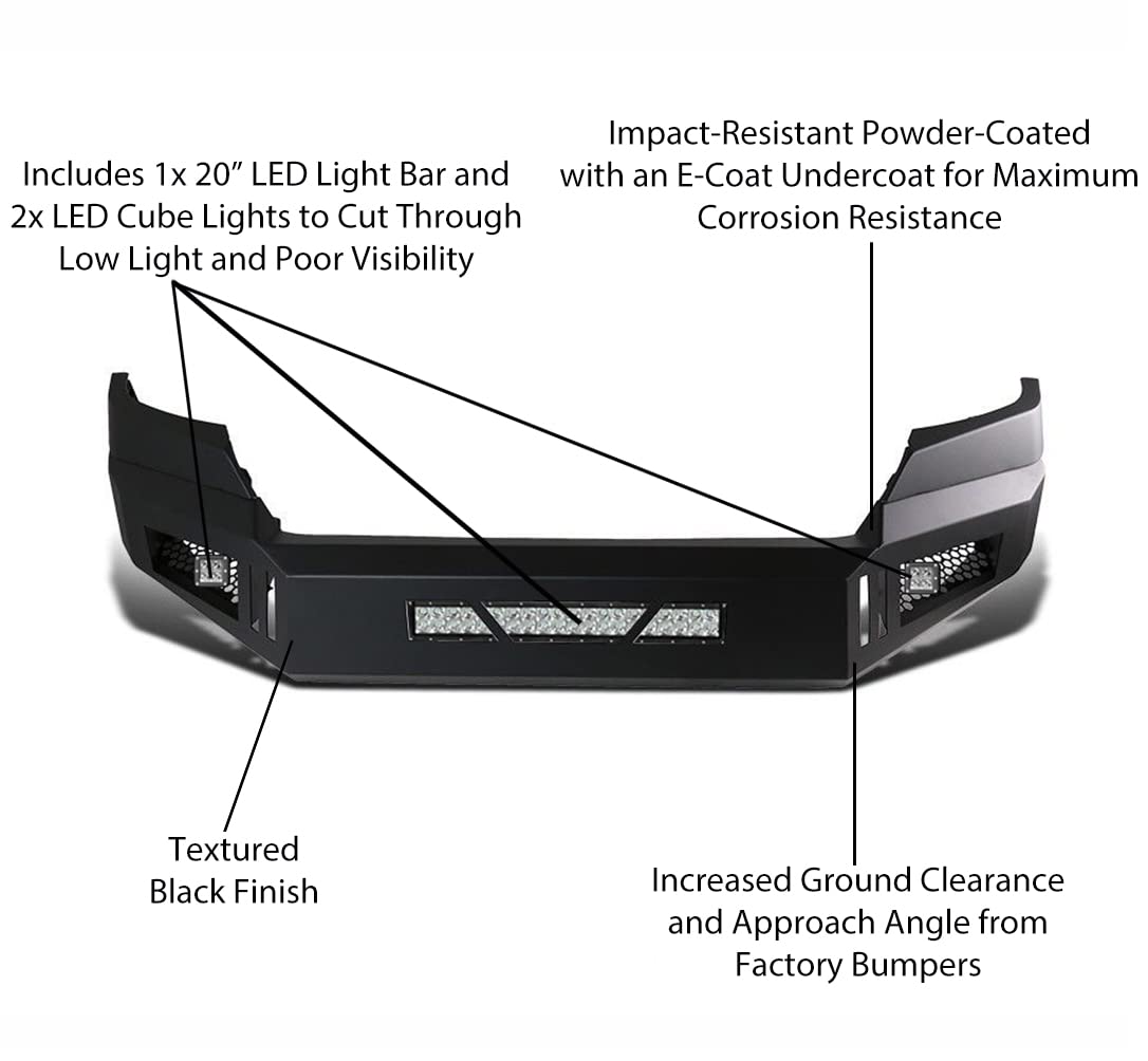 Black Horse Armour Front Heavy Duty Bumper w/ 20in LED Light Bar, 2 sets of 4in cube lights Armour I Front Bumper Matte Black Compatible with 15-20 Chevrolet Colorado (Excludes ZR2 model)-AFB-CO15-KIT