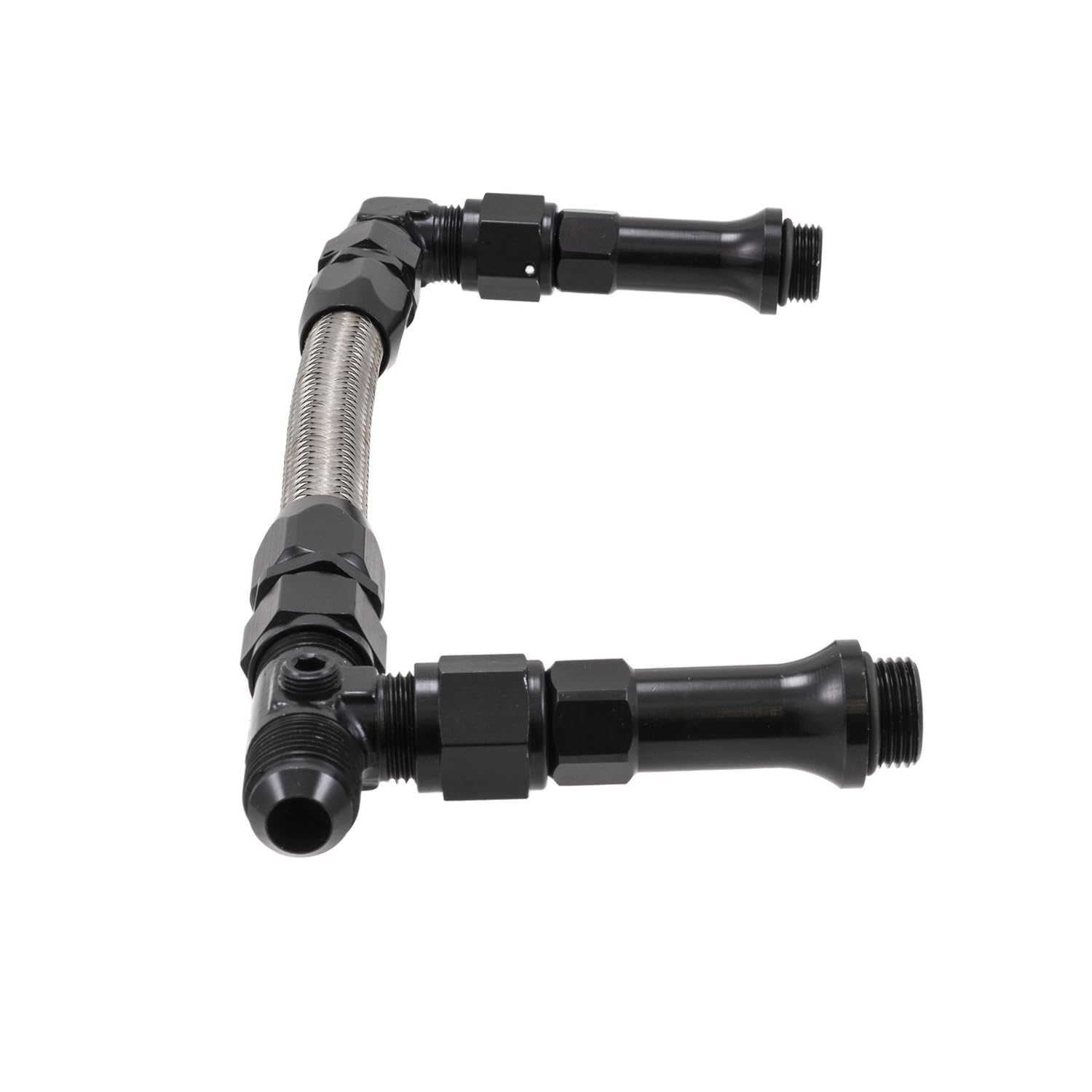 Carburetor Fuel Line SpeedFX 575108B, Used With Holley Ultra HP Dual Inlet Carburetor, 8AN x 1/2 Inch NPT Port, Anodized, Black, Stainless Steel Braided Hose