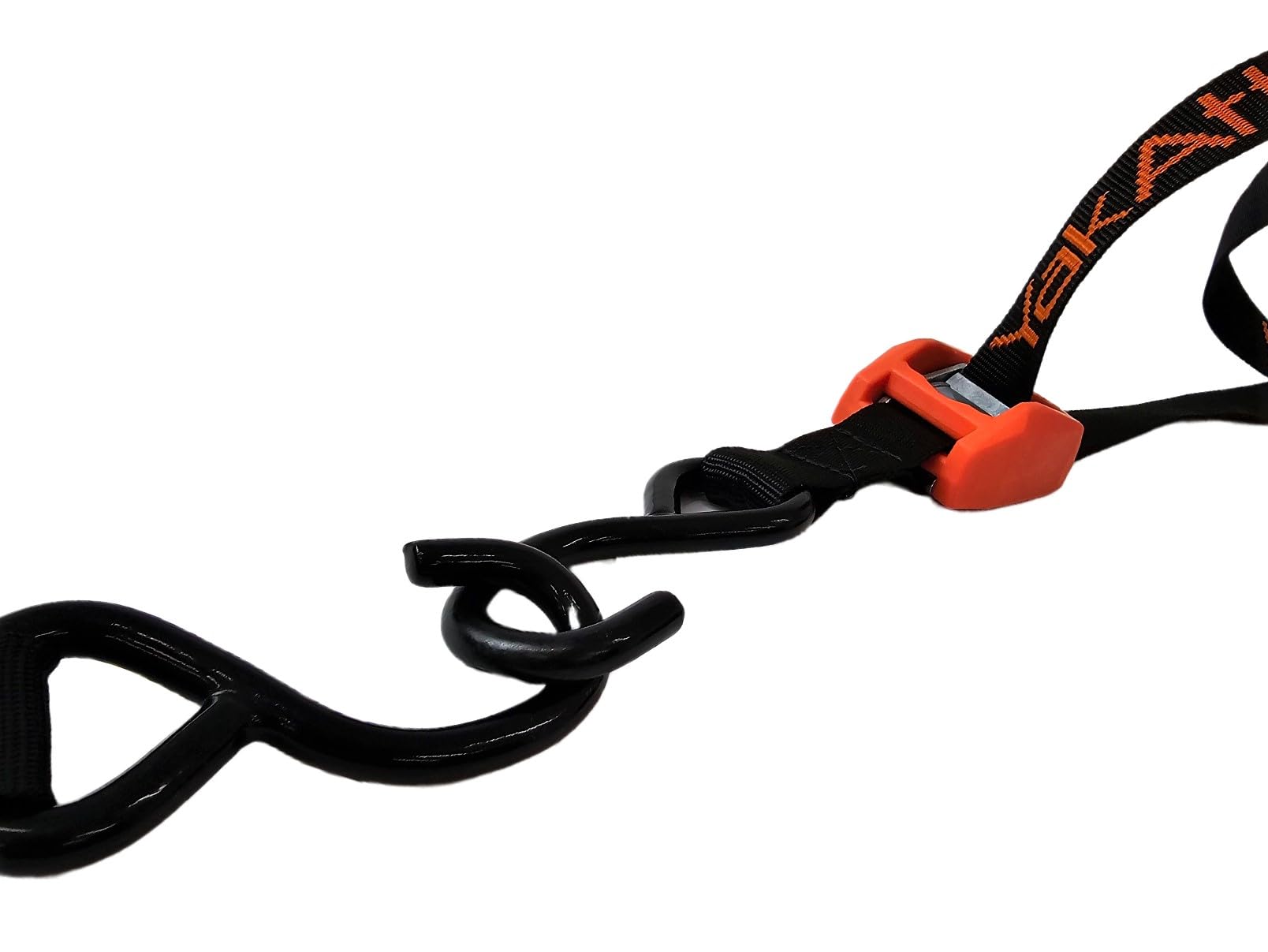 15' YakAttack J-Hook Cam Strap | Heavy Duty Polyester Kayak Tie Down with Rubber-Coated Hooks & Protective Buckle Cover | 1” Wide, Single Pack | Black/Orange