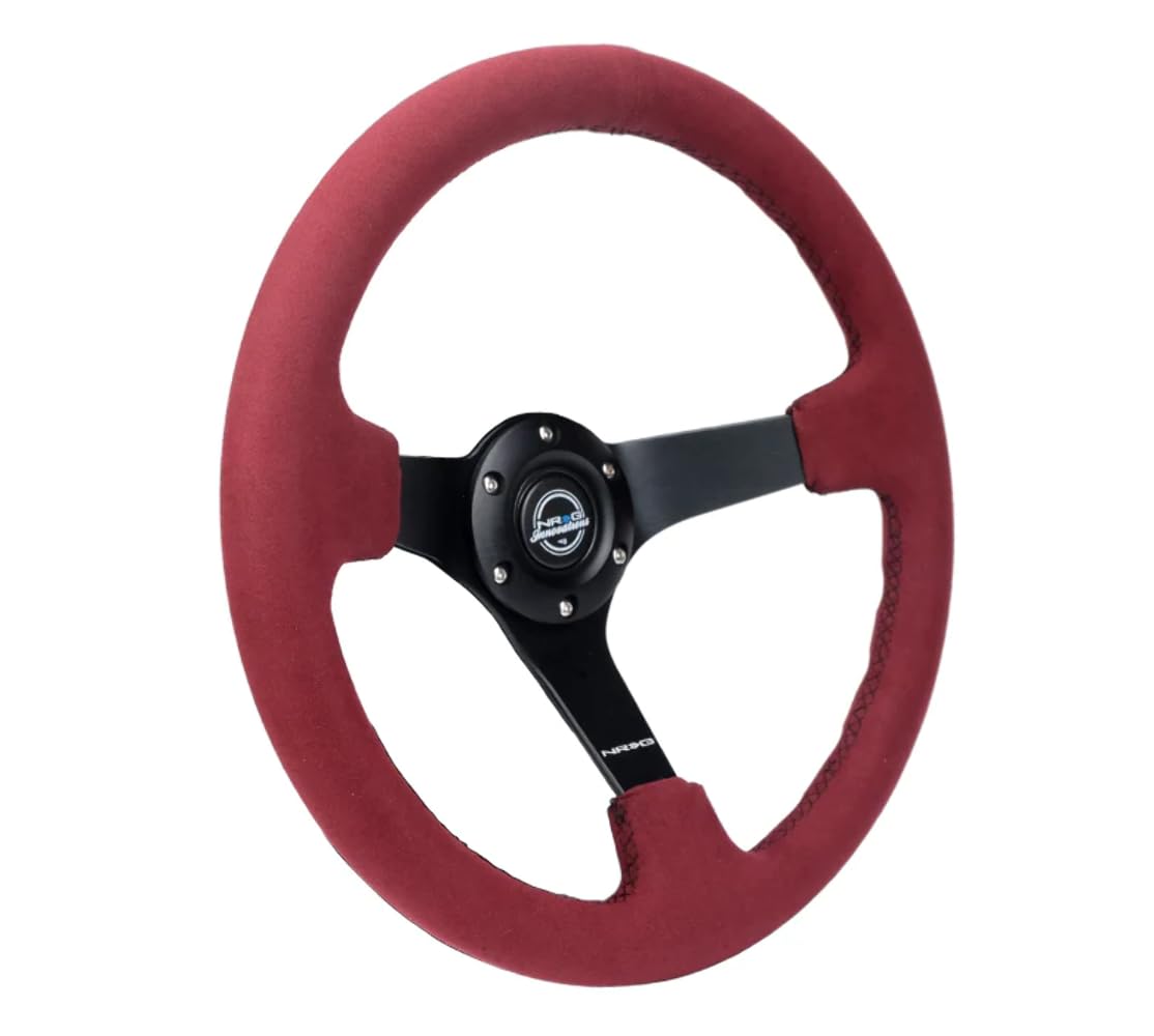 NRG Innovations Reinforced NRG-RST-036MB-BUA Steering Wheel - 350mm (3' deep) Burgundy Alcantara with Black Baseball Stitching Matte Black Spoke