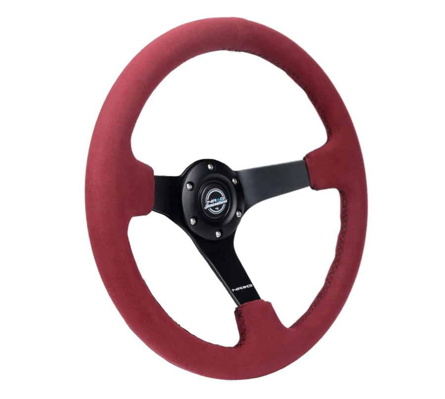 NRG Innovations Reinforced NRG-RST-036MB-BUA Steering Wheel - 350mm (3' deep) Burgundy Alcantara with Black Baseball Stitching Matte Black Spoke