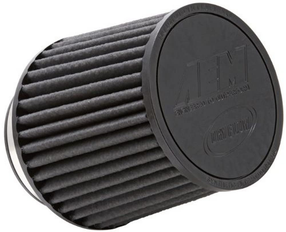 AEM Universal DryFlow 21-203BF Clamp-On Air Filter: Round Tapered; 3 in (76 mm) Flange ID; 5.125 in (130 mm) Height; 6 in (152 mm) Base; 5.125 in (130 mm) Top