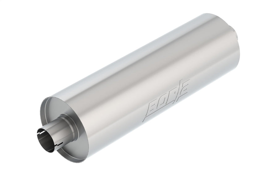 BORLA Specialty Heavy Duty (Truck) Muffler 401158 - 2.75" Center Inlet/ 2.75" Center Outlet 7.75" Round x 24" Long Body 29" Overall Length. Universal Part. Reversible Design. Notched Necks.
