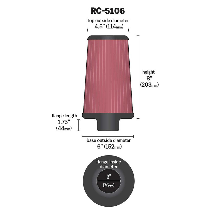 High-Flow K&N Original Lifetime Universal Clamp-On Air Filter: High Performance, Premium, Washable: Flange Diameter: 3 In, Filter Height: 8 In, Flange Length: 1.75 In, Shape: Round Tapered, RC-5106